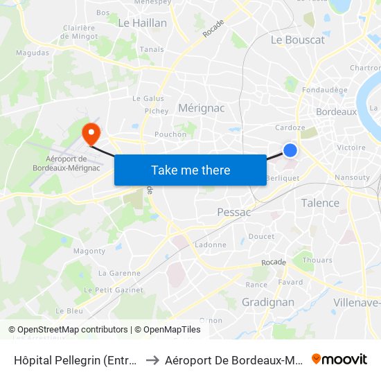 Hôpital Pellegrin (Entrée Est) to Aéroport De Bordeaux-Mérignac map