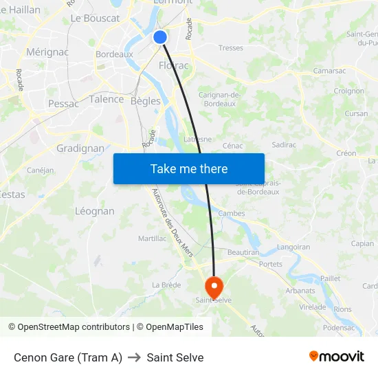 Cenon Gare (Tram A) to Saint Selve map