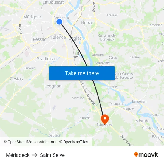 Mériadeck to Saint Selve map