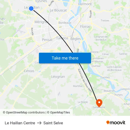 Le Haillan Centre to Saint Selve map