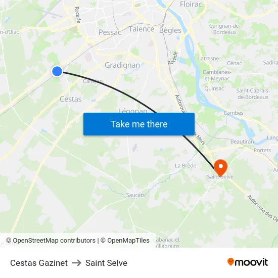 Cestas Gazinet to Saint Selve map
