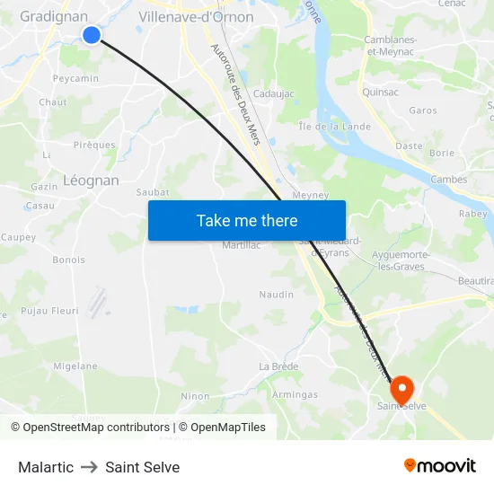 Malartic to Saint Selve map