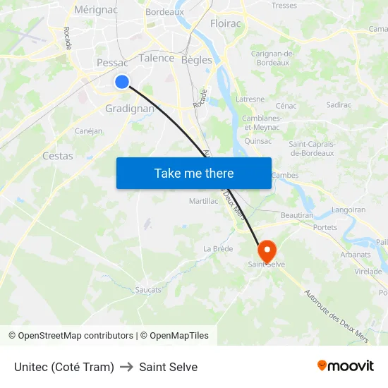 Unitec (Coté Tram) to Saint Selve map