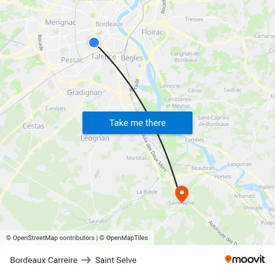 Bordeaux Carreire to Saint Selve map