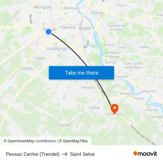 Pessac Centre (Trendel) to Saint Selve map