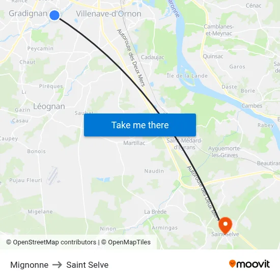 Mignonne to Saint Selve map
