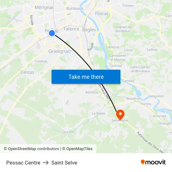 Pessac Centre to Saint Selve map