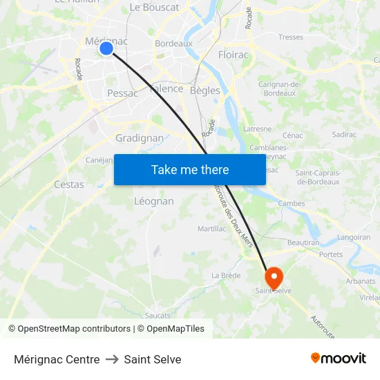 Mérignac Centre to Saint Selve map