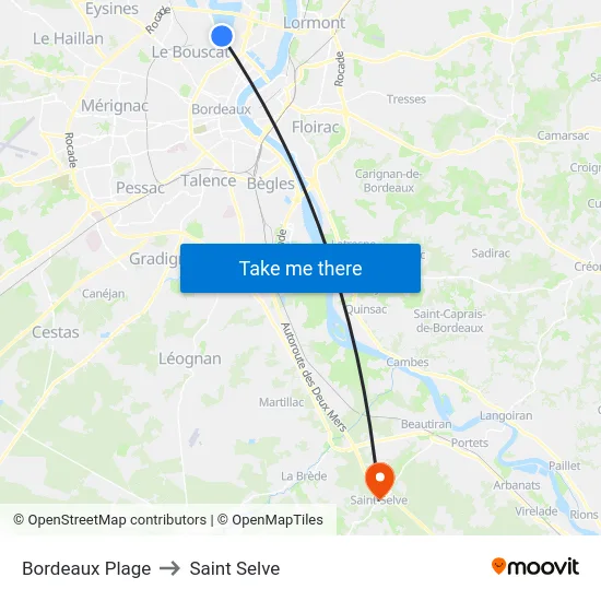 Bordeaux Plage to Saint Selve map