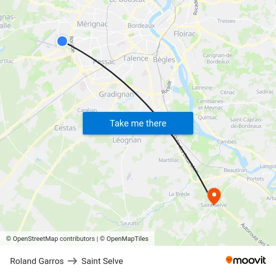 Roland Garros to Saint Selve map
