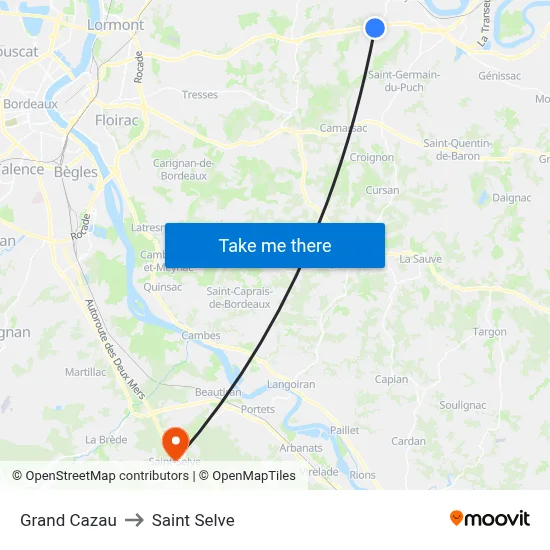 Grand Cazau to Saint Selve map