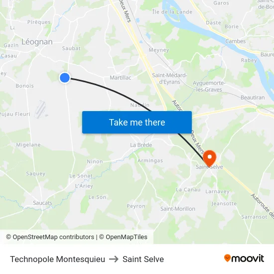 Technopole Montesquieu to Saint Selve map
