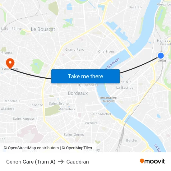 Cenon Gare (Tram A) to Caudéran map