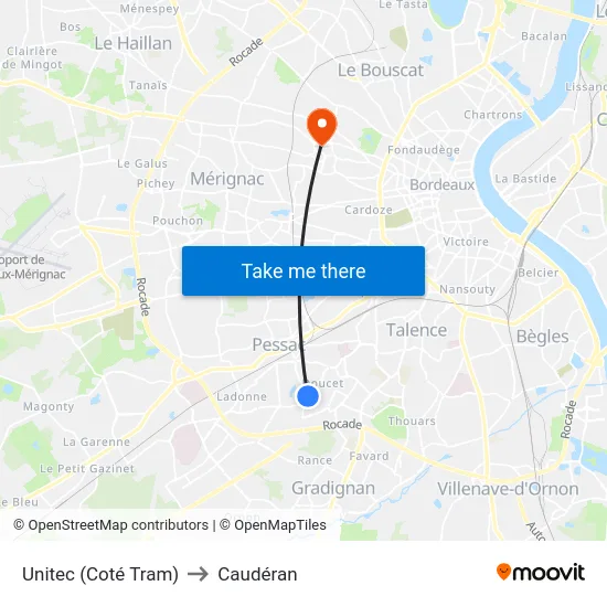 Unitec (Coté Tram) to Caudéran map
