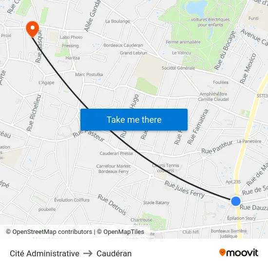 Cité Administrative to Caudéran map