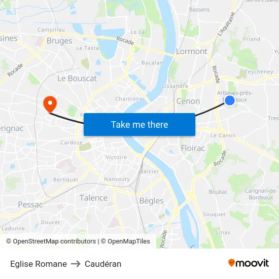 Eglise Romane to Caudéran map