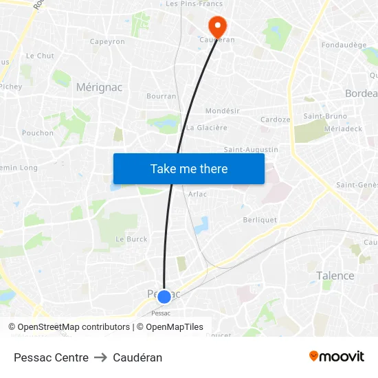 Pessac Centre to Caudéran map
