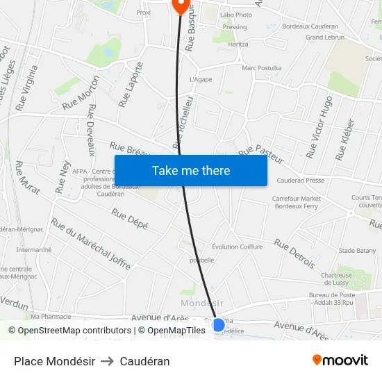 Place Mondésir to Caudéran map