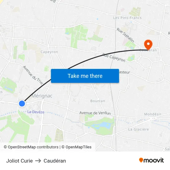 Joliot Curie to Caudéran map