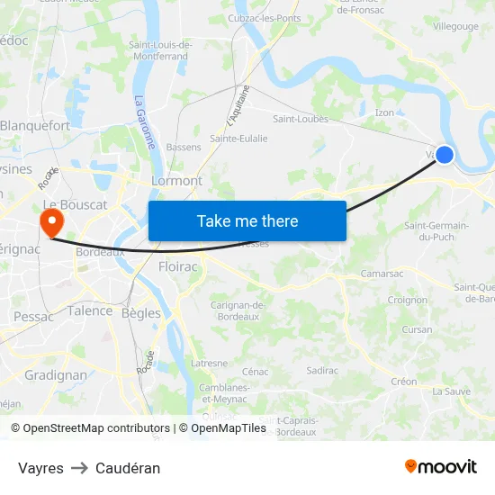 Vayres to Caudéran map