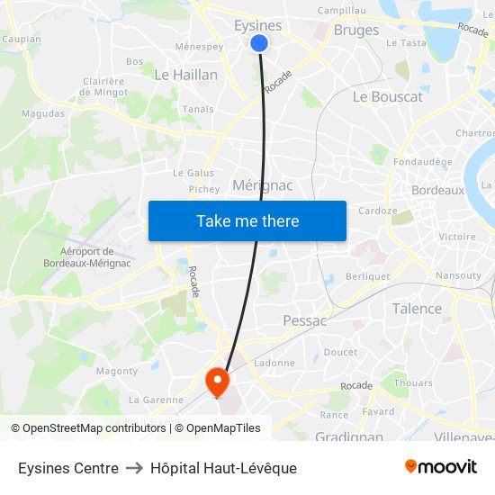 Eysines Centre to Hôpital Haut-Lévêque map