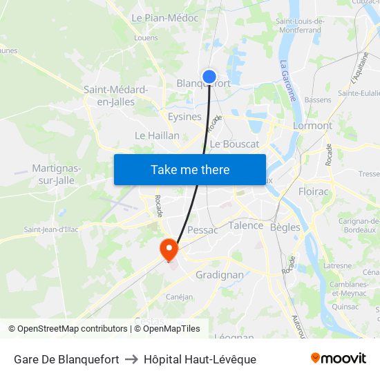 Gare De Blanquefort to Hôpital Haut-Lévêque map
