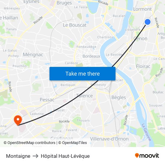 Montaigne to Hôpital Haut-Lévêque map