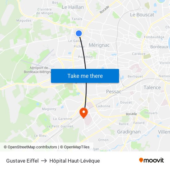 Gustave Eiffel to Hôpital Haut-Lévêque map