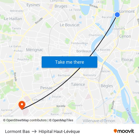 Lormont Bas to Hôpital Haut-Lévêque map