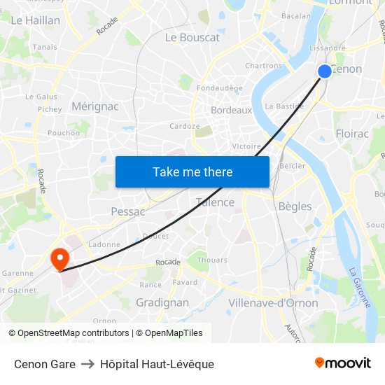 Cenon Gare to Hôpital Haut-Lévêque map