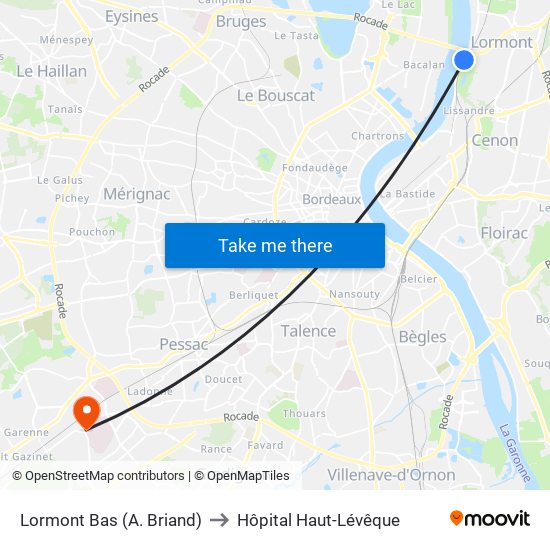 Lormont Bas (A. Briand) to Hôpital Haut-Lévêque map