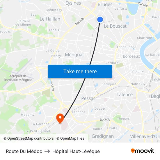 Route Du Médoc to Hôpital Haut-Lévêque map