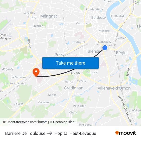 Barrière De Toulouse to Hôpital Haut-Lévêque map