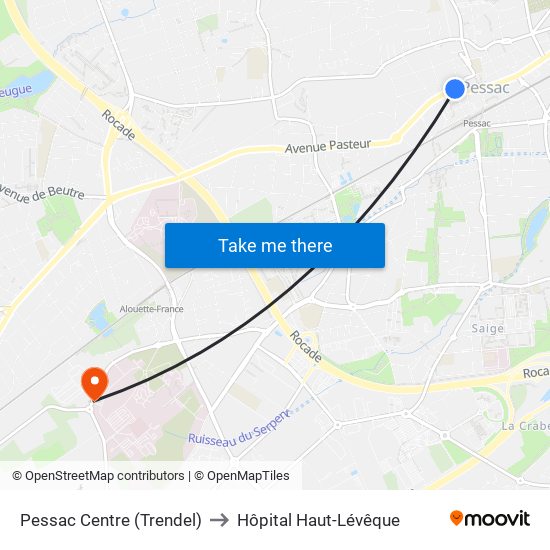 Pessac Centre (Trendel) to Hôpital Haut-Lévêque map