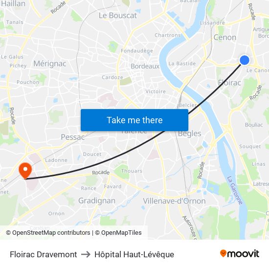Floirac Dravemont to Hôpital Haut-Lévêque map