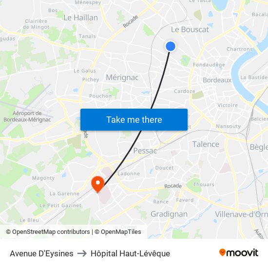 Avenue D'Eysines to Hôpital Haut-Lévêque map