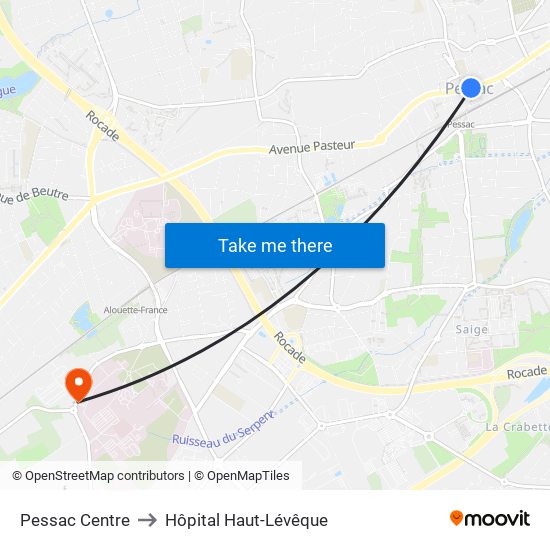 Pessac Centre to Hôpital Haut-Lévêque map