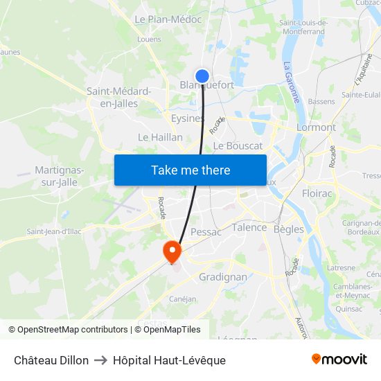 Château Dillon to Hôpital Haut-Lévêque map