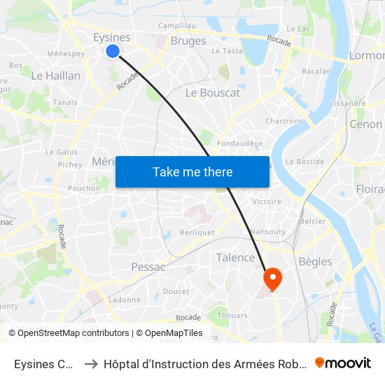 Eysines Centre to Hôptal d'Instruction des Armées Robert Picqué map