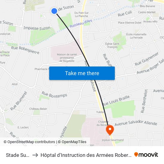 Stade Suzon to Hôptal d'Instruction des Armées Robert Picqué map