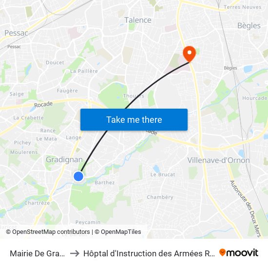 Mairie De Gradignan to Hôptal d'Instruction des Armées Robert Picqué map