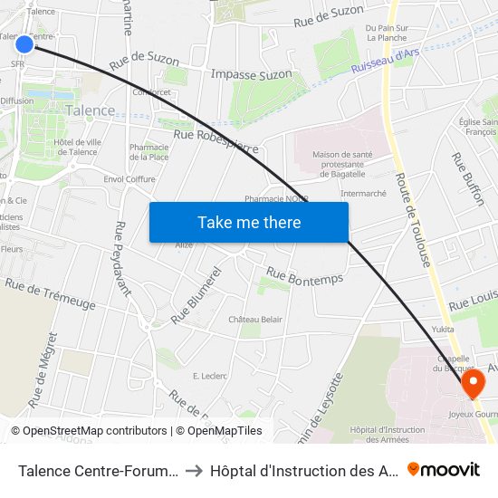Talence Centre-Forum (Côté Esplanade) to Hôptal d'Instruction des Armées Robert Picqué map