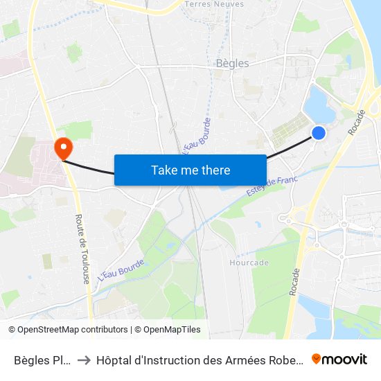 Bègles Plage to Hôptal d'Instruction des Armées Robert Picqué map
