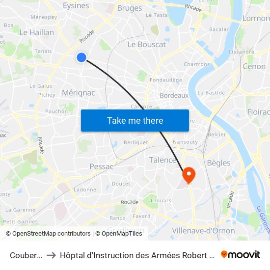 Coubertin to Hôptal d'Instruction des Armées Robert Picqué map