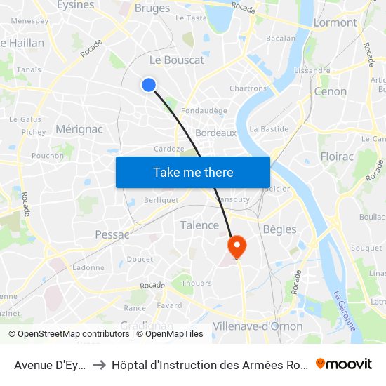 Avenue D'Eysines to Hôptal d'Instruction des Armées Robert Picqué map
