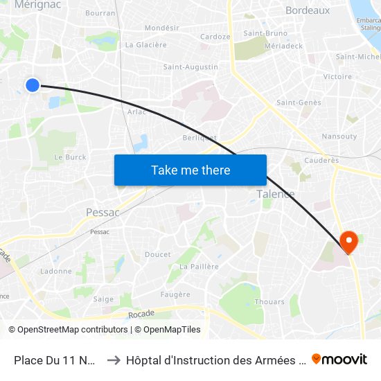 Place Du 11 Novembre to Hôptal d'Instruction des Armées Robert Picqué map