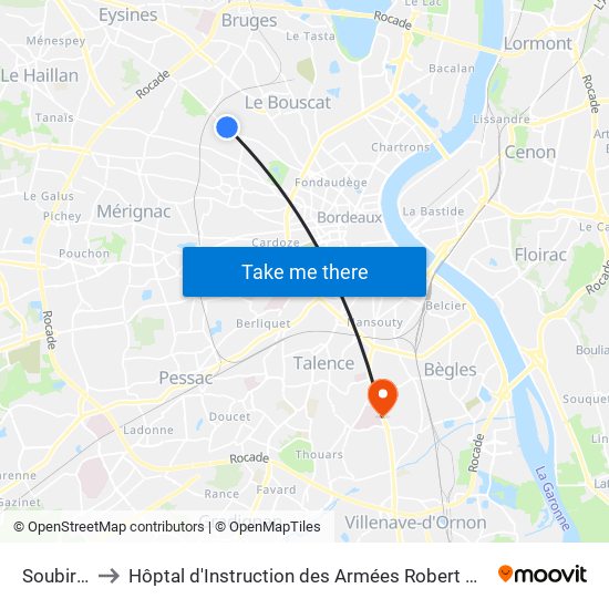 Soubiras to Hôptal d'Instruction des Armées Robert Picqué map