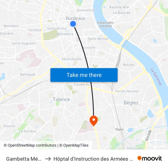 Gambetta Mériadeck to Hôptal d'Instruction des Armées Robert Picqué map