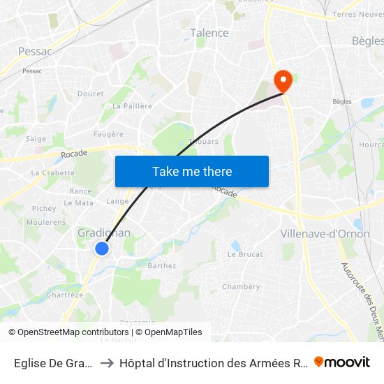 Eglise De Gradignan to Hôptal d'Instruction des Armées Robert Picqué map