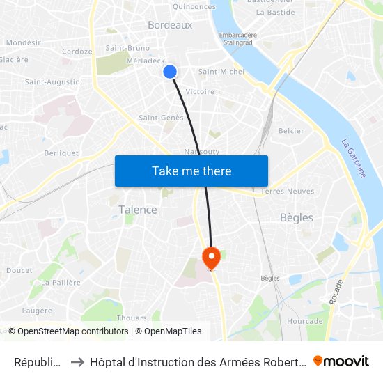 République to Hôptal d'Instruction des Armées Robert Picqué map